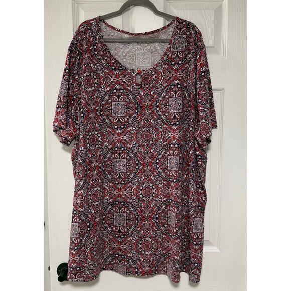 Catherines Women's Red 100%Cotton Floral Damask Short Sleeve Tunic Top Size 3X - Picture 1 of 13